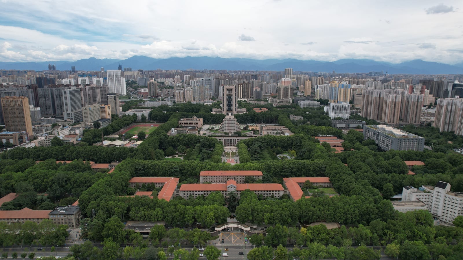 The Xingqing campus of Xi'an Jiaotong University from the air, with the city around it
