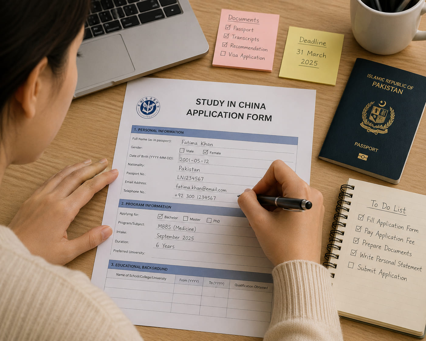 A student completing an application form