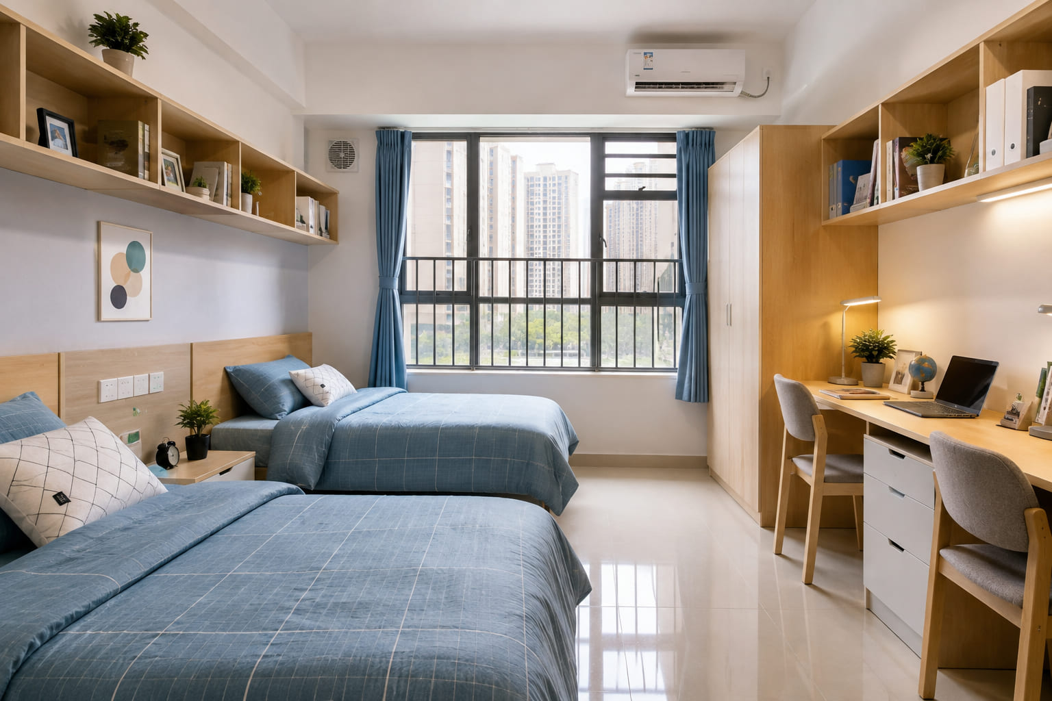 A twin student room with desks and air conditioning