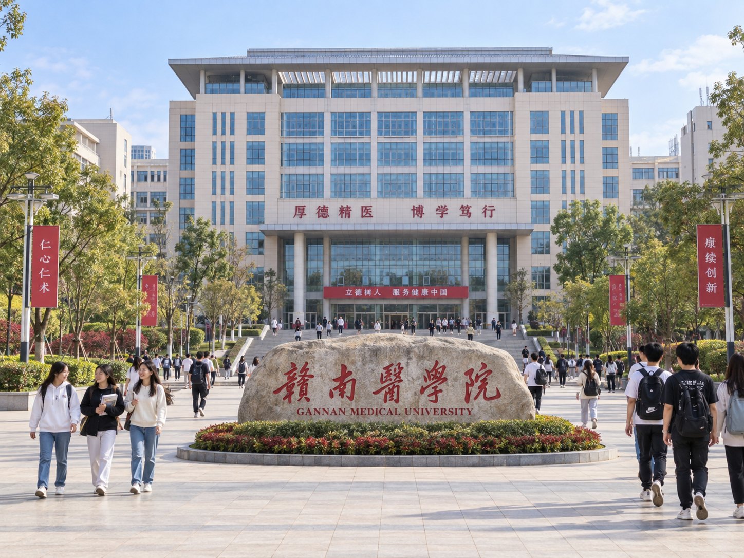 The main teaching building at Gannan Medical University, with the university name stone in front